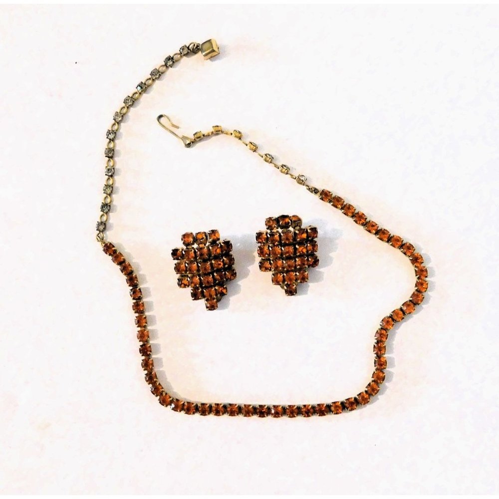 Vintage Amber Rhinestone Necklace 15 Inch Matching Clip Earrings Gold Plated